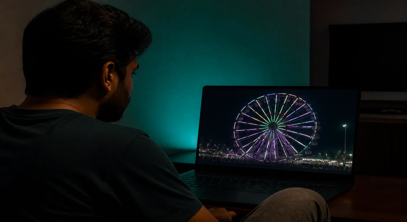 Person watching a disco wheel stream on a laptop