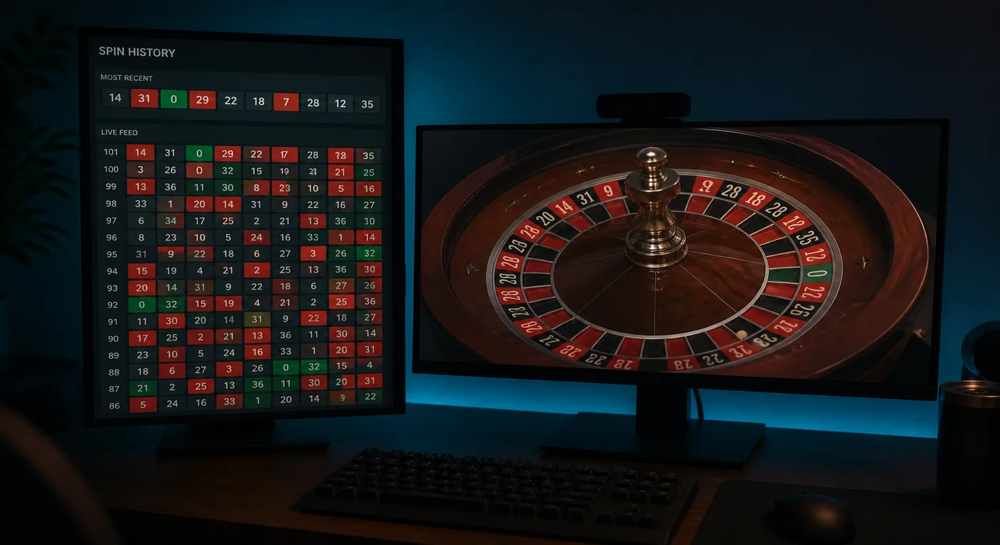 Two monitors showing abstract spin history and a live wheel stream in a dark room